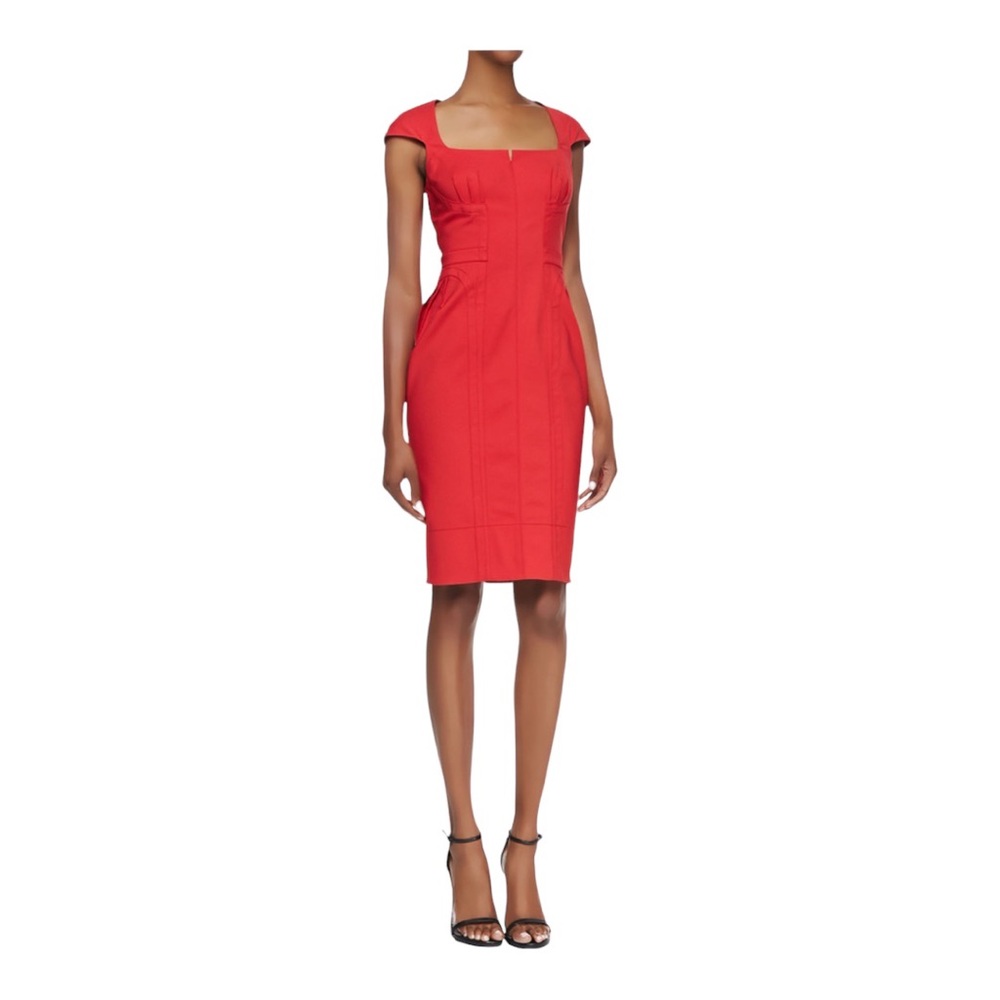 Byron Lars Bright Red Fitted Darted Button Up Back Sheath Pencil Dress SZ 8